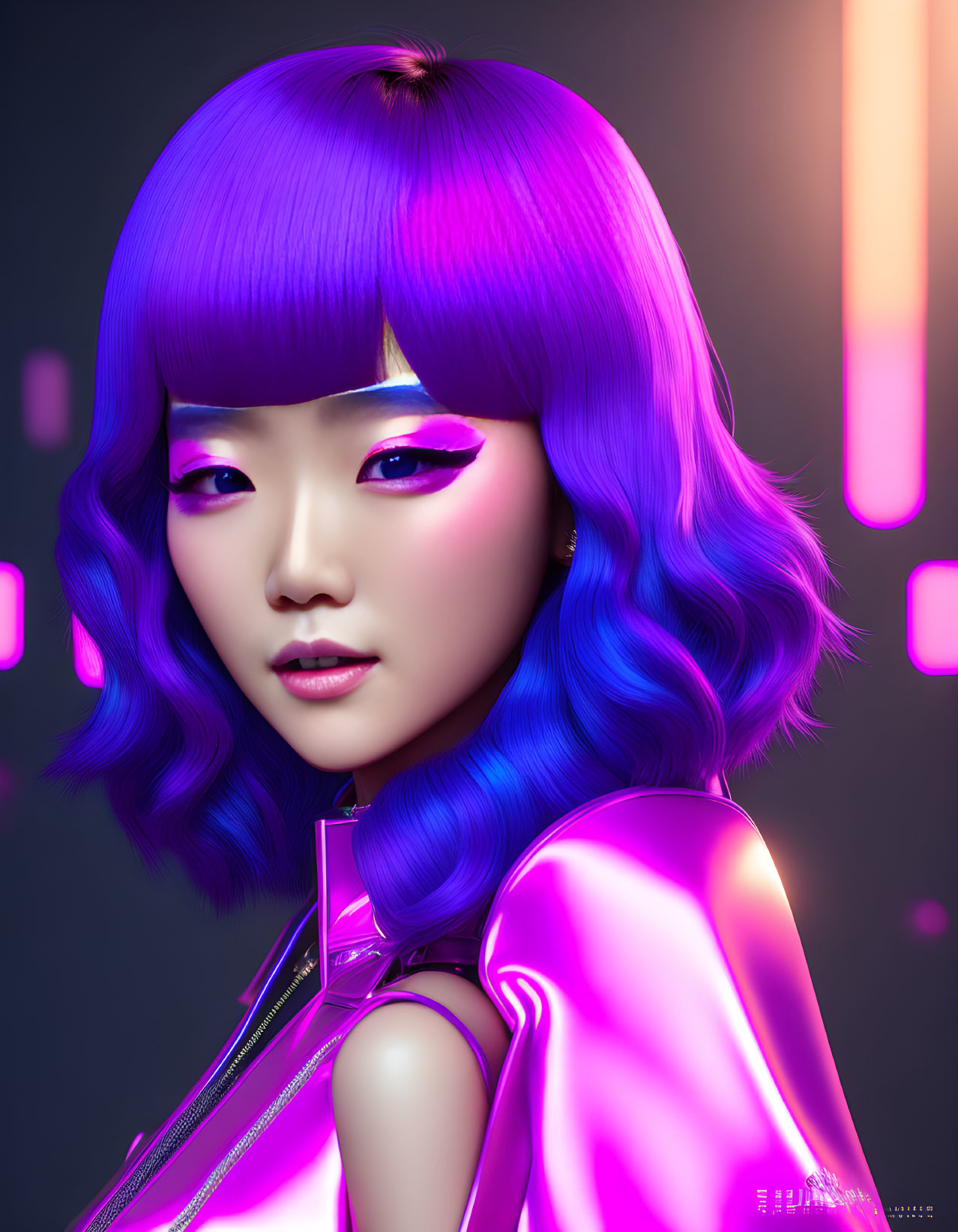 Vibrant Purple Hair and Neon Pink Makeup Portrait Against Dark Backdrop