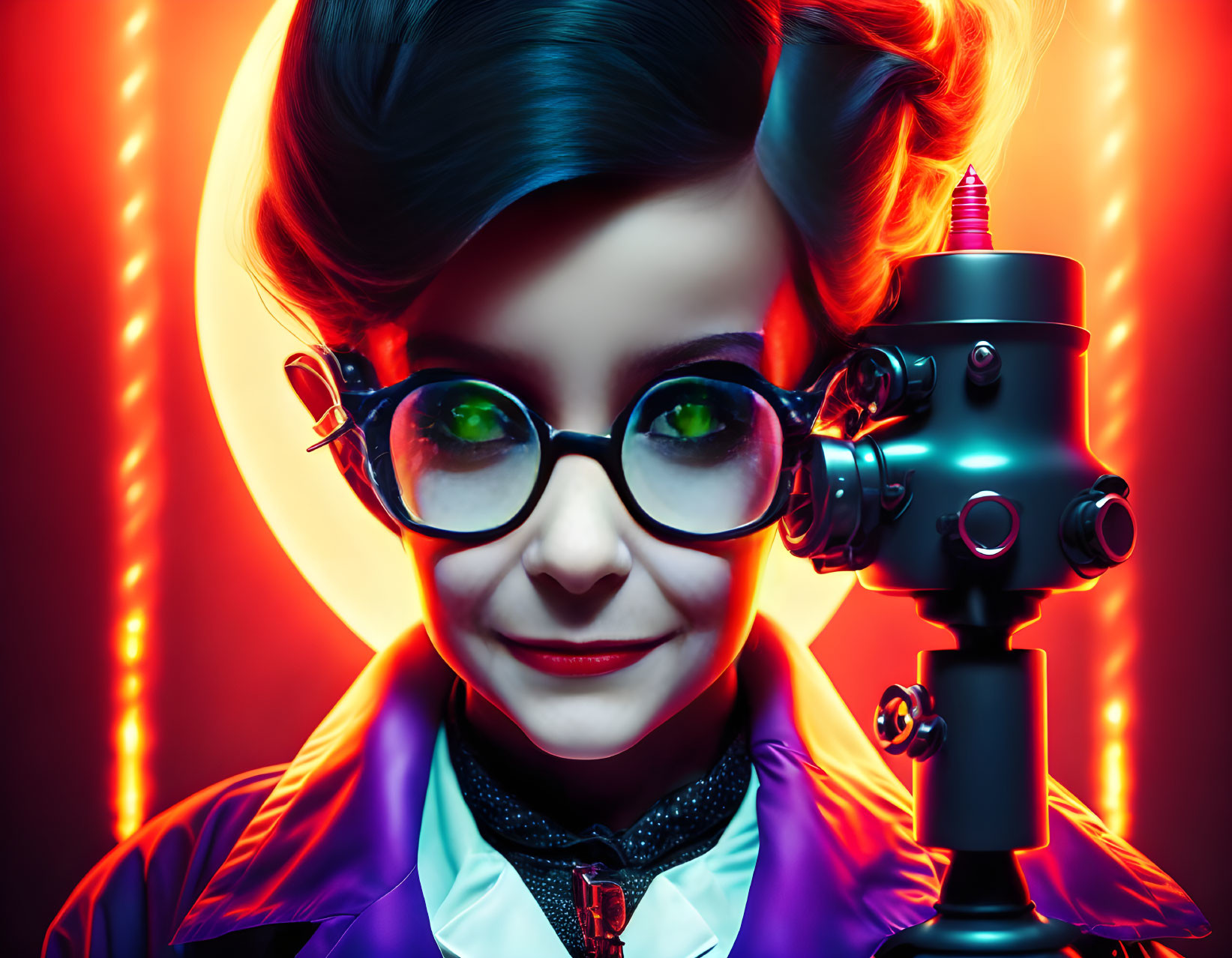 Child with whimsical updo and glasses beside robot head in purple jacket on colorful background.