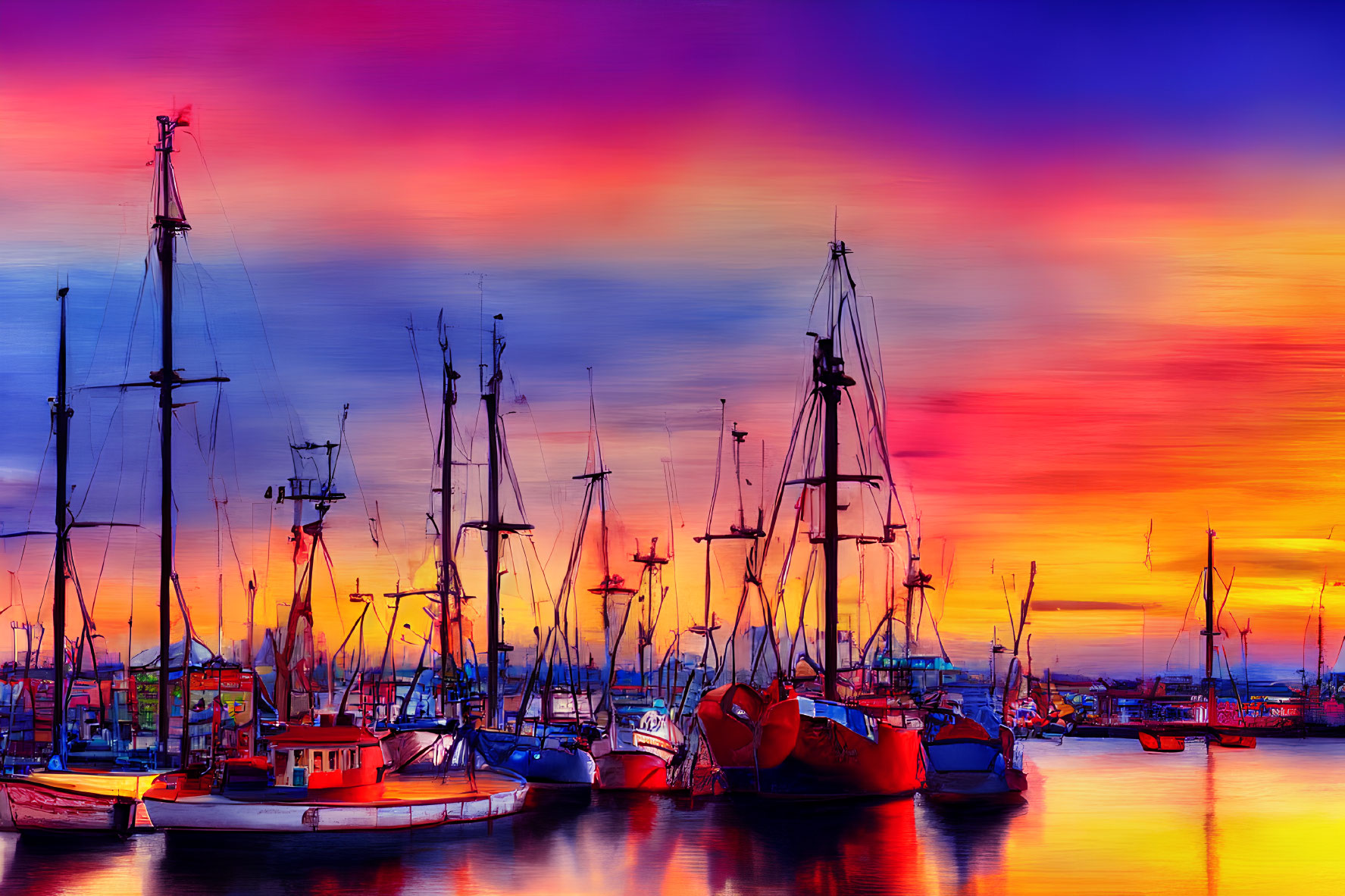 Colorful digital artwork: Boats in marina at sunset with multicolored sky reflecting on water