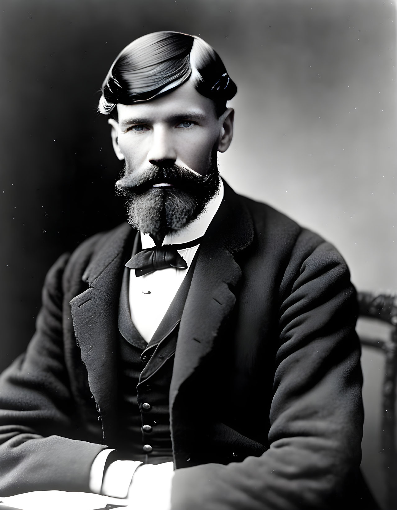 Vintage Black and White Photograph of Man with Styled Mustache in Suit and Bow Tie