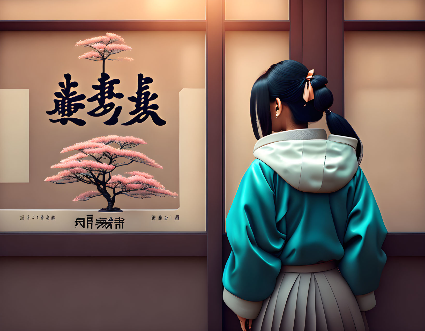 Girl in teal and white kimono gazes at cherry blossom tree on Japanese scroll.