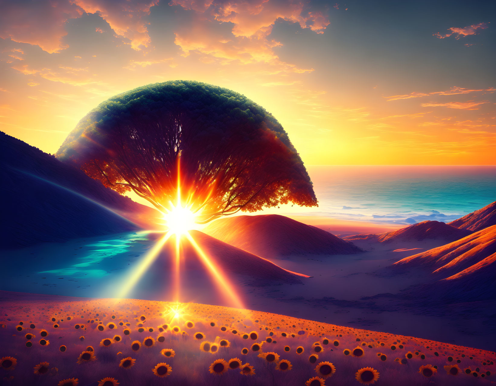 Surreal landscape with sunburst tree, hills, flowers, and ocean