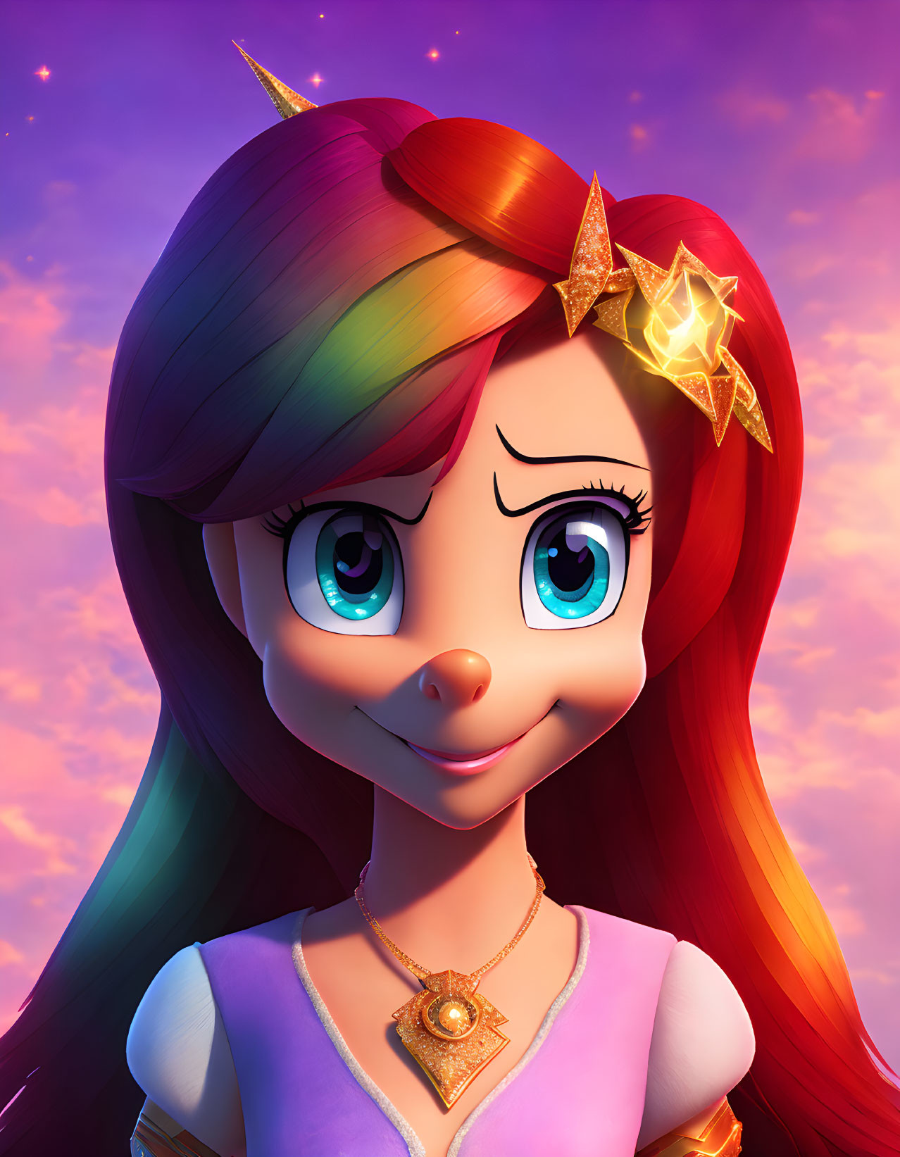 Smiling cartoon unicorn girl with rainbow hair in star tiara on purple sky