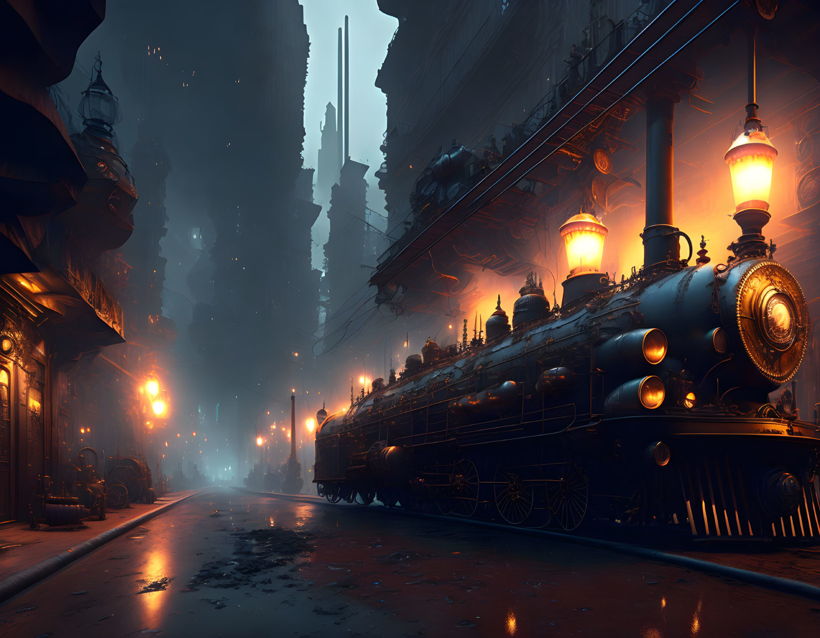 Futuristic steam train in industrial cityscape at night