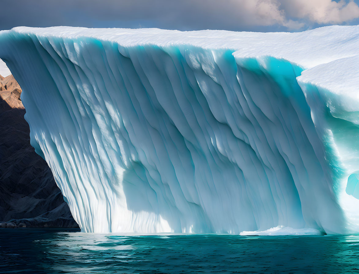 Gigantic Blue Iceberg in Calm Ocean Under Cloudy Sky