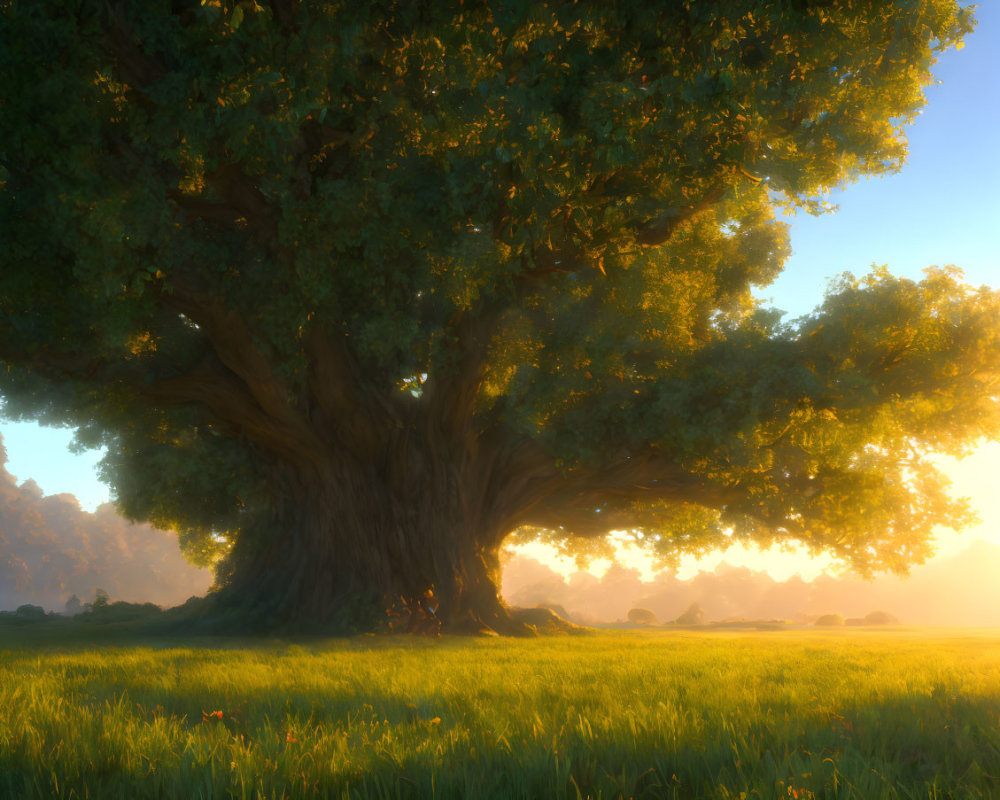 Majestic tree with thick trunk and lush foliage at sunrise