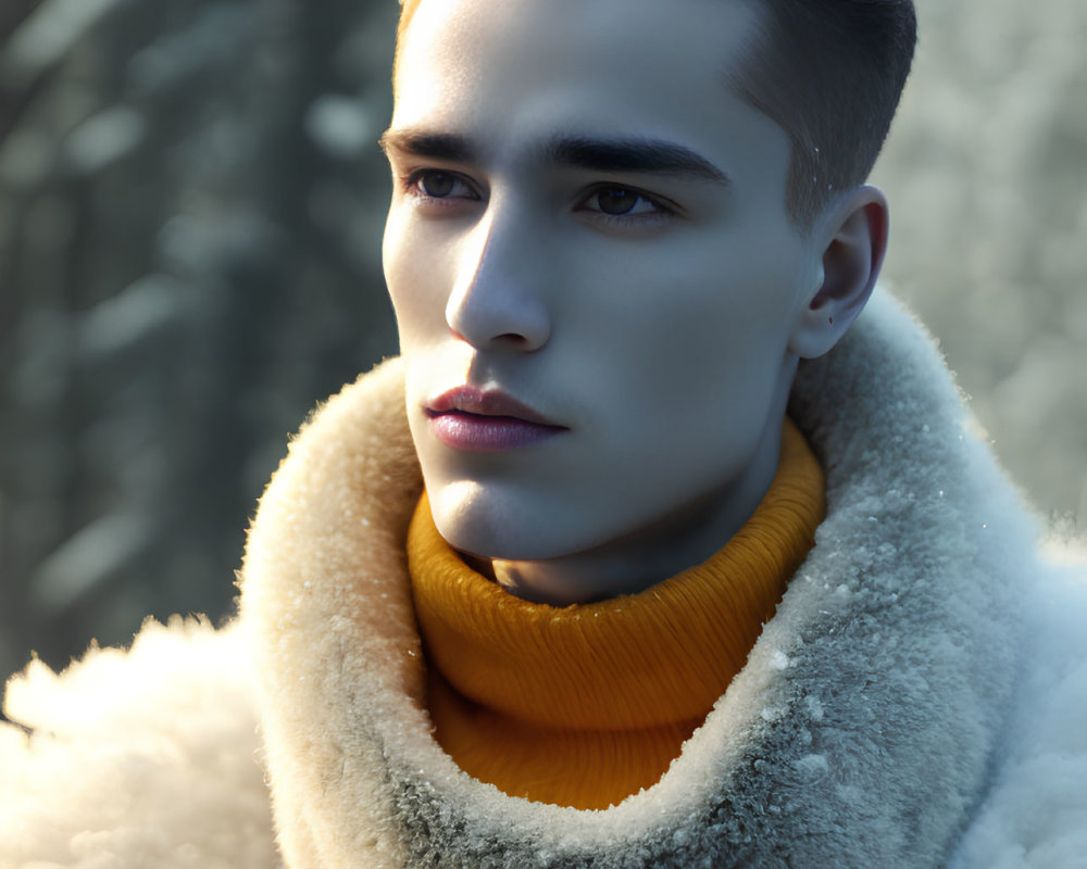 Young man in white fur coat and yellow turtleneck, portrait with slicked-back hair and blurred