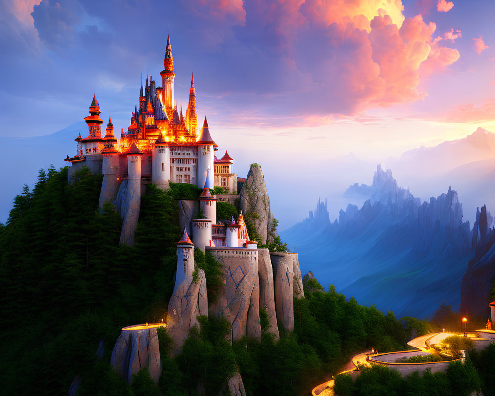 Illuminated fantasy castle on rugged cliffs at twilight