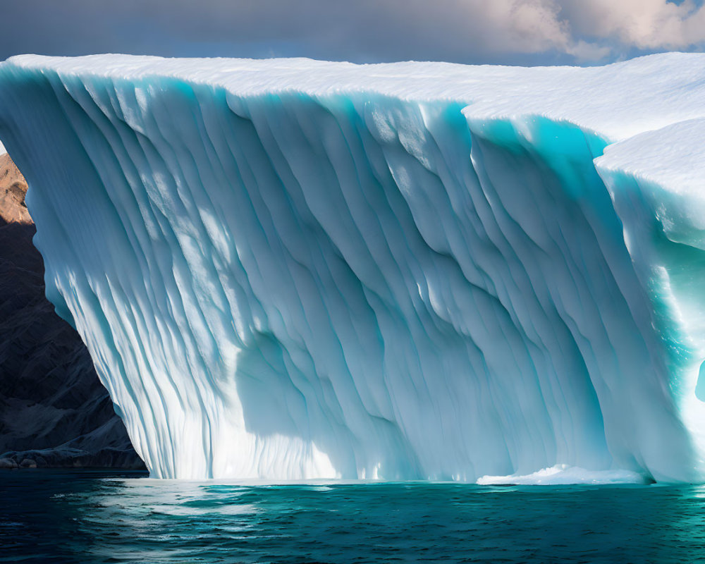 Gigantic Blue Iceberg in Calm Ocean Under Cloudy Sky