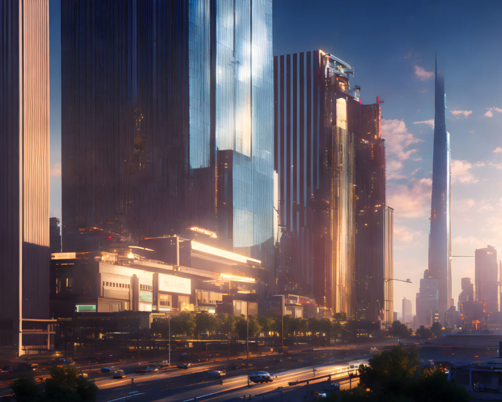 Futuristic cityscape at sunset with towering skyscrapers and busy streets