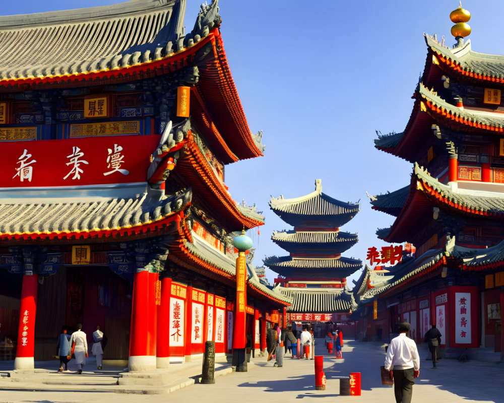 Traditional Chinese architecture with red walls and ornate roofs under blue sky and people in courtyard.