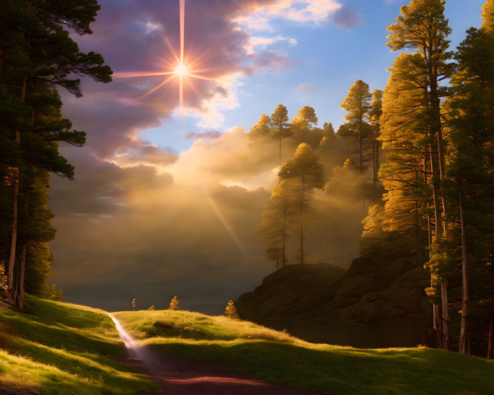 Sunburst over serene forest path by lake with glowing sunlight.