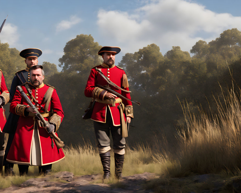 Red-jacketed soldiers in black hats in natural setting.