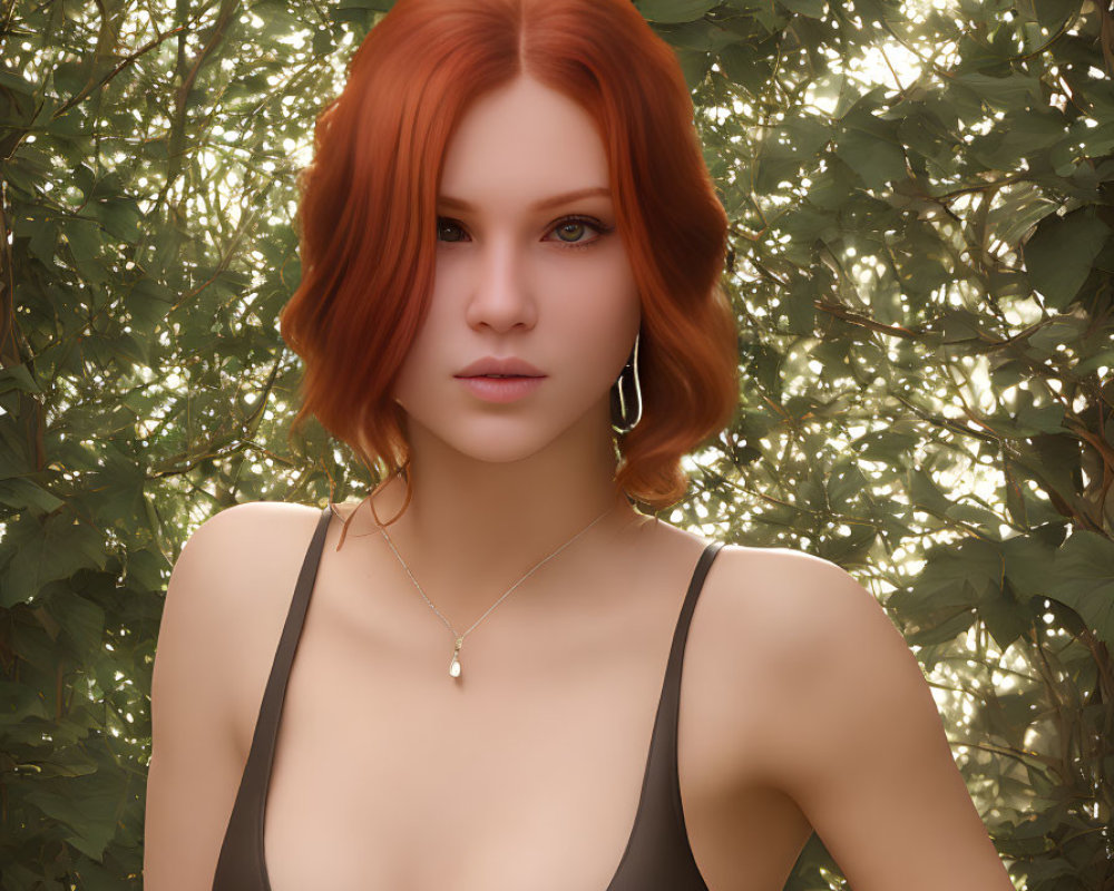 Red-haired woman in brown top against leafy green backdrop with pendant necklace.