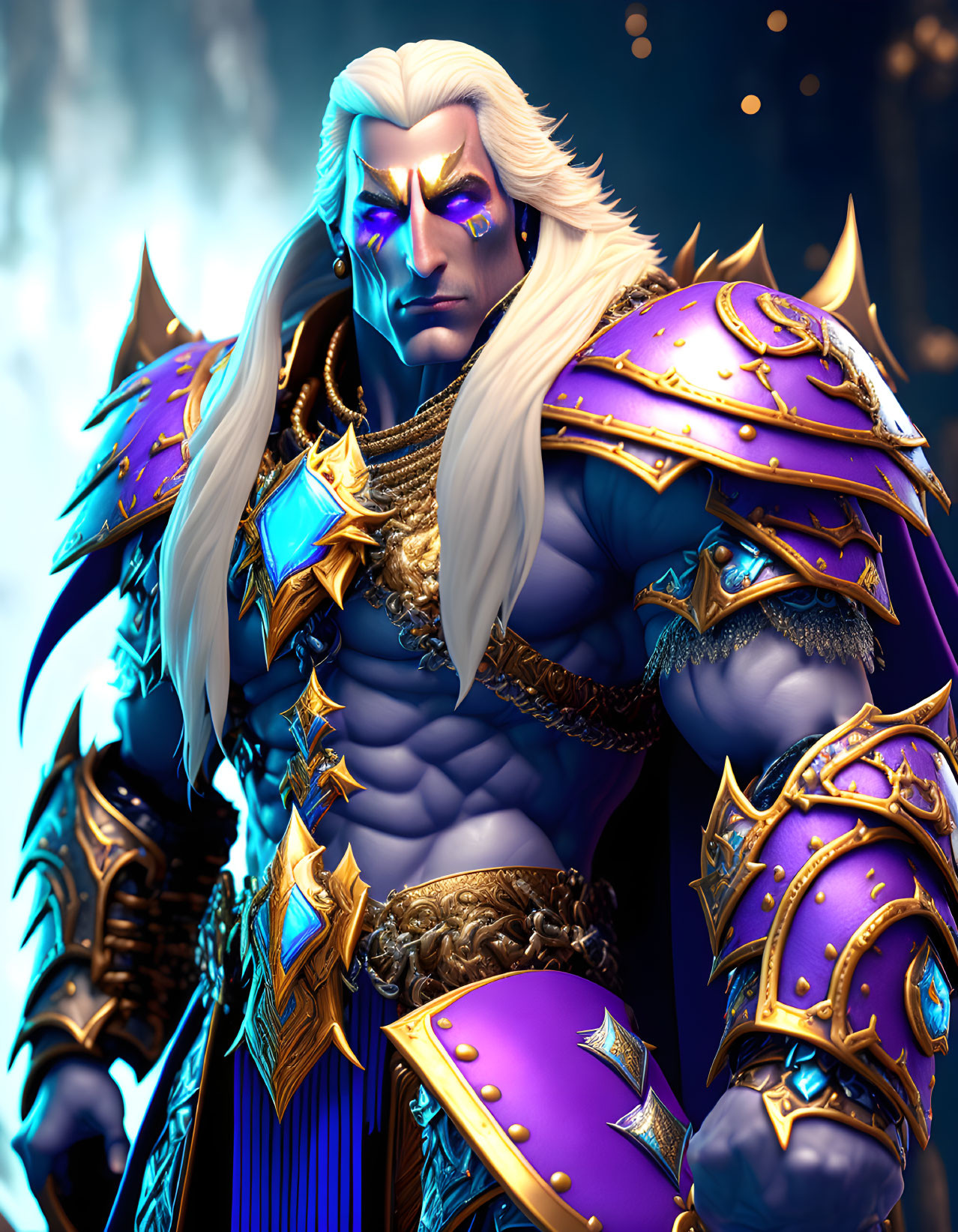 Muscular animated character in regal purple and gold armor with long white hair poses heroically