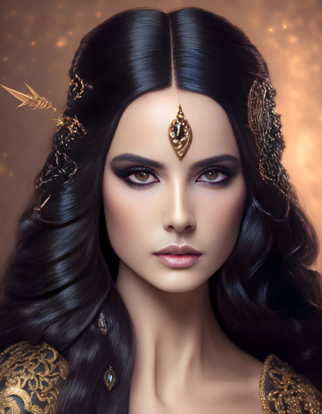 Dark-haired woman with gold accessories and maang tikka, striking makeup on warm background