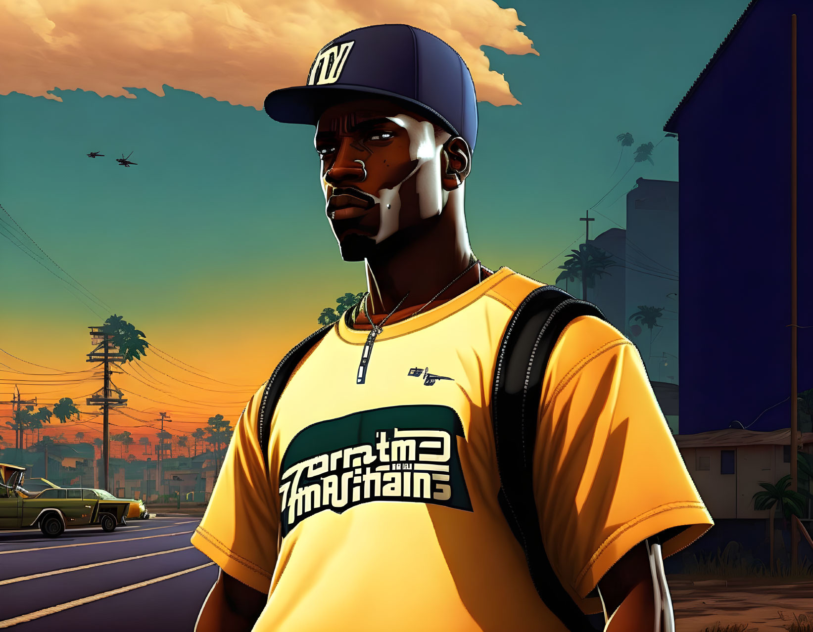 Man in yellow "Los Santos" t-shirt & blue "LS" cap, flying helicopters against sunset