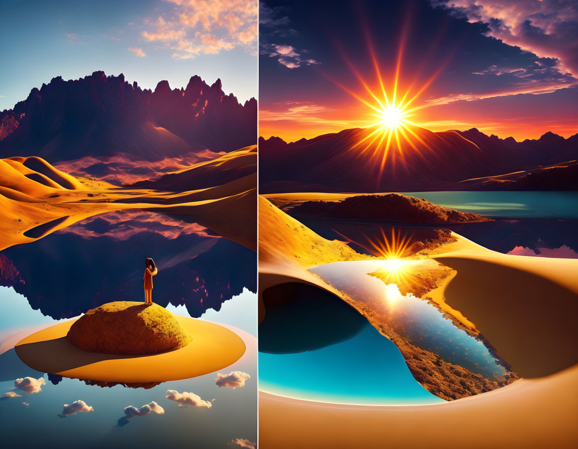 Collage of Sunset Scenes: Person on Rock Amidst Sand Dunes and Water, Sunlight on