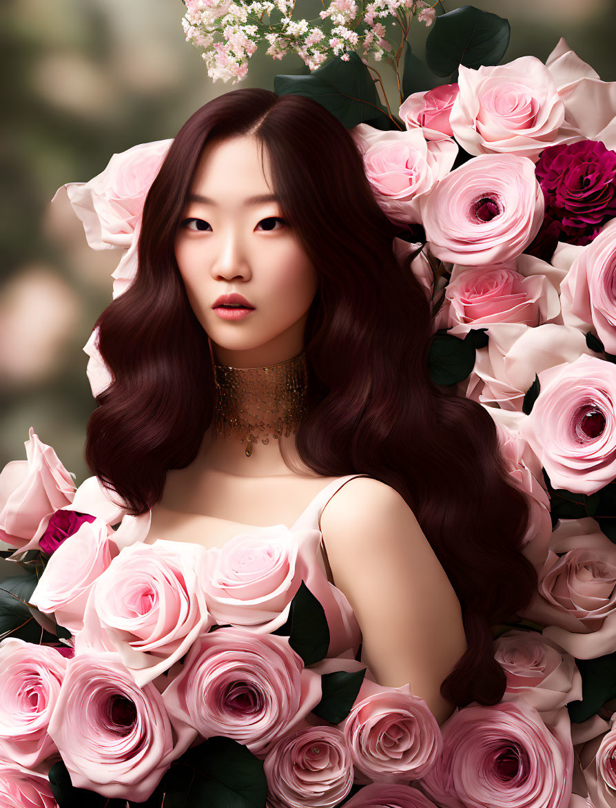 Woman with Long Dark Hair Surrounded by Pink Roses in White Dress