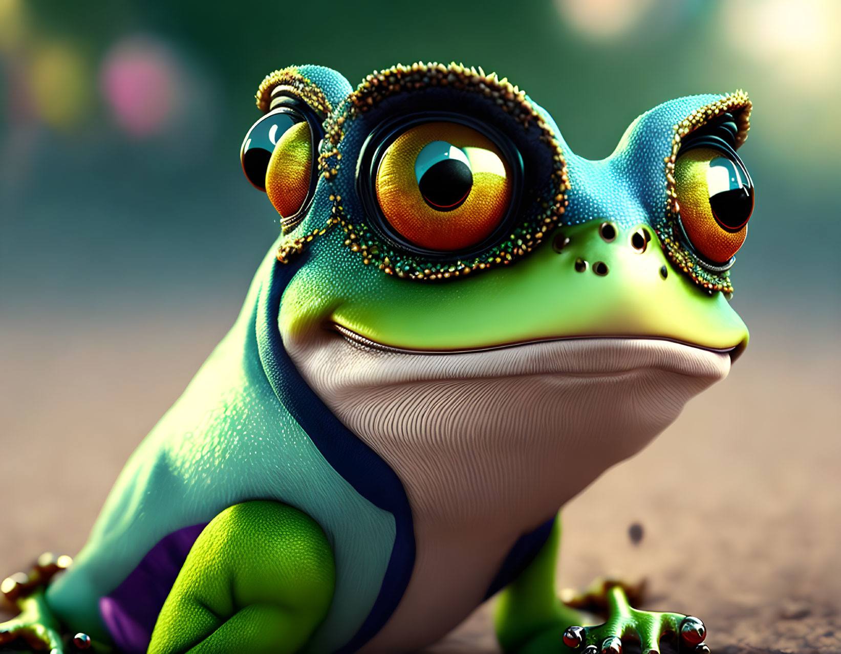 Vibrant 3D illustration of whimsical frog with expressive eyes