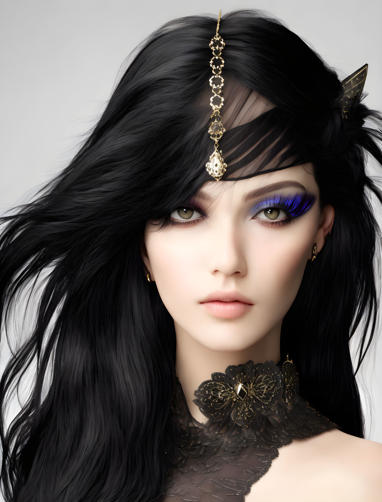 Digital Artwork: Woman with Long Black Hair and Blue/Purple Eye Makeup