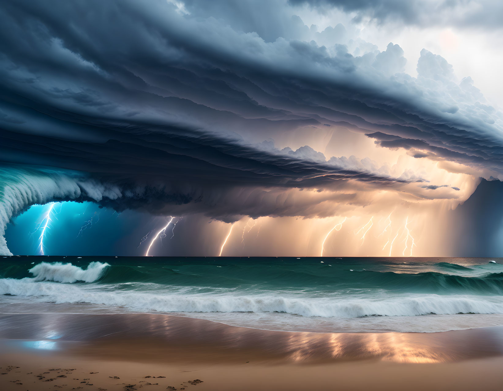 Dramatic seascape with shelf cloud, lightning strikes, and turbulent ocean waves at twilight