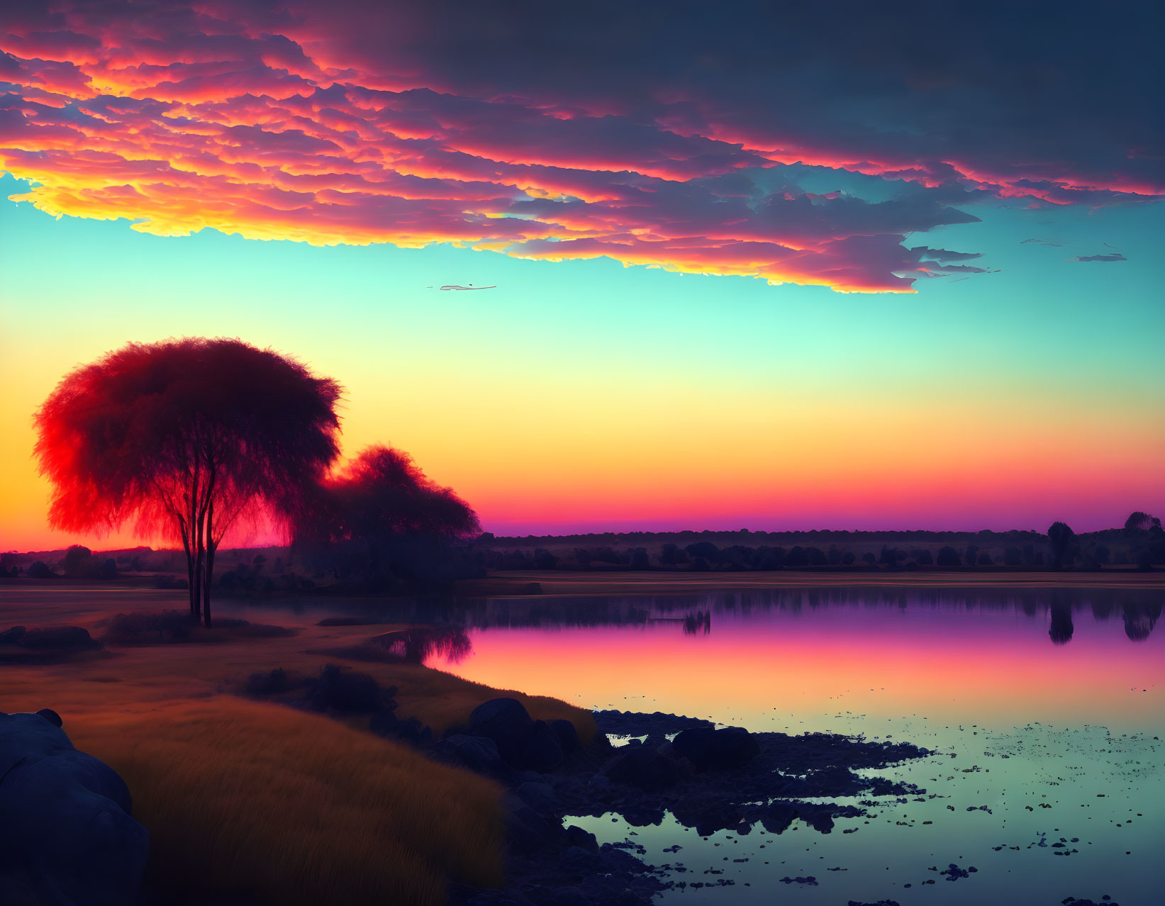 Colorful sunset over tranquil lake with lone tree silhouette