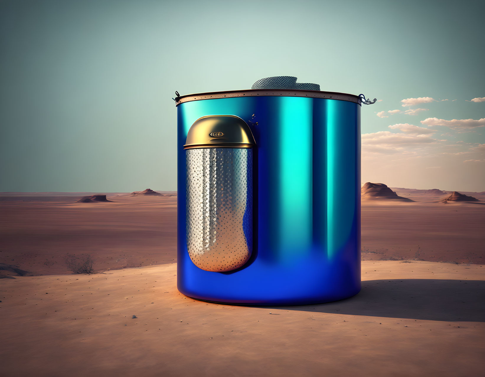 Metallic blue and orange thermos in vast desert landscape