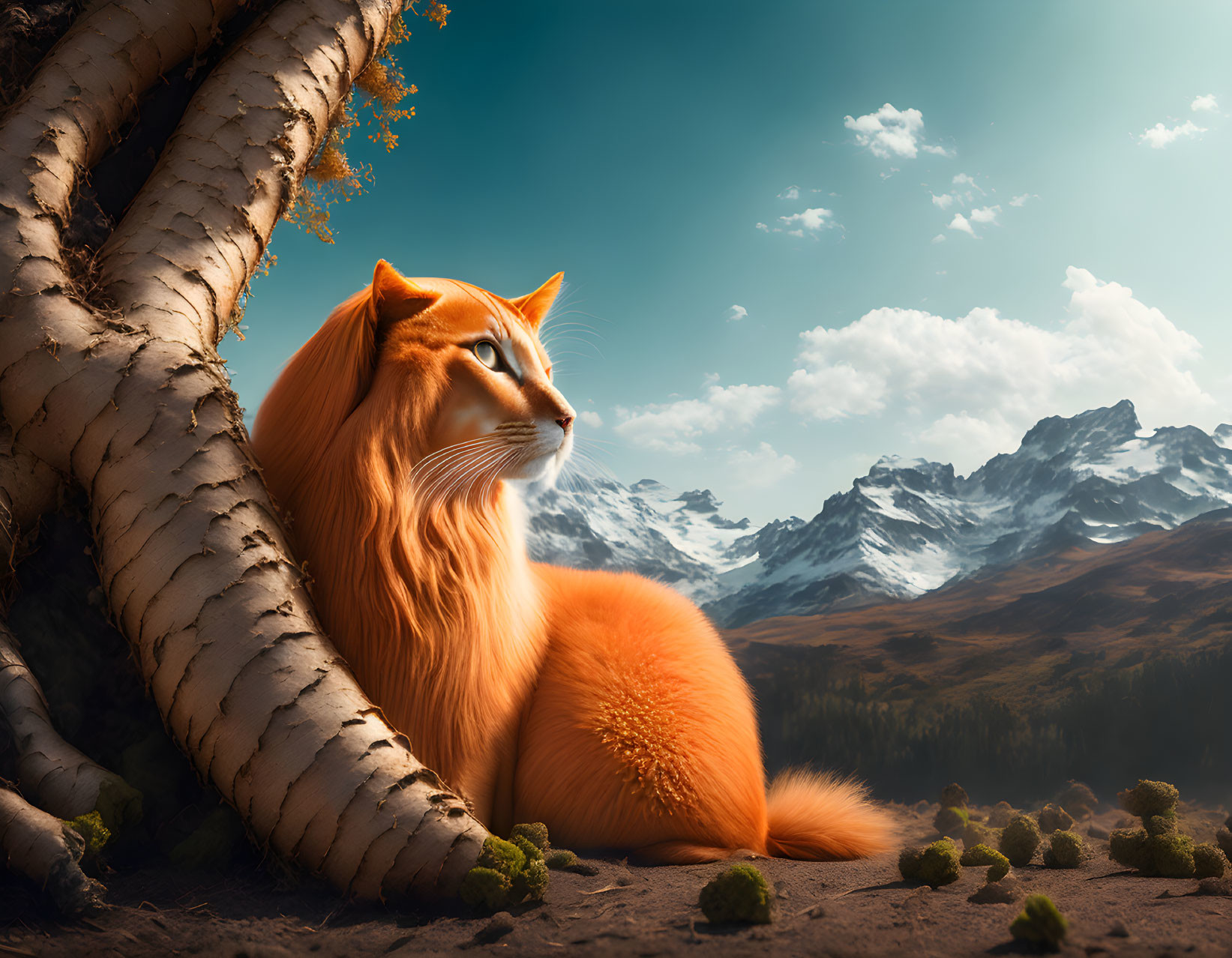 Long-furred orange cat beside birch tree in mountain landscape