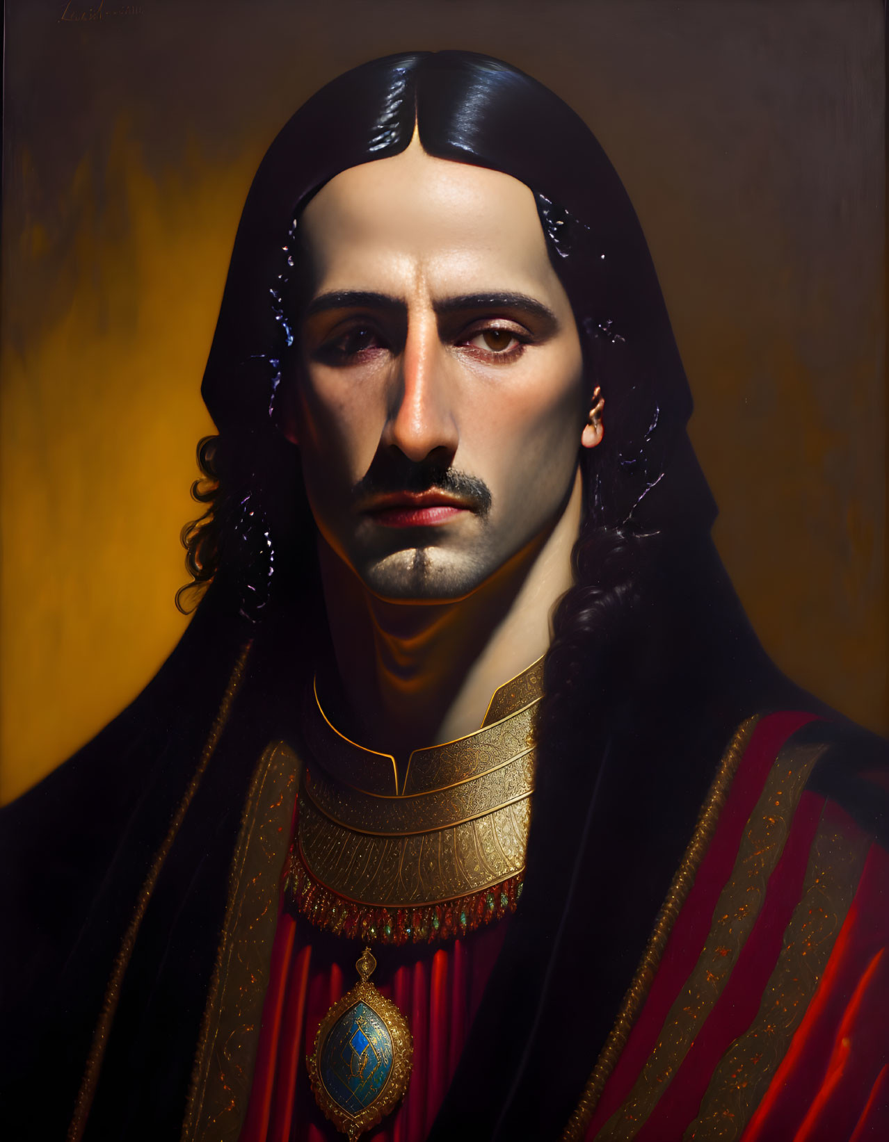 Man with Long Dark Hair in Historic Attire with Golden Collar & Red Cloak