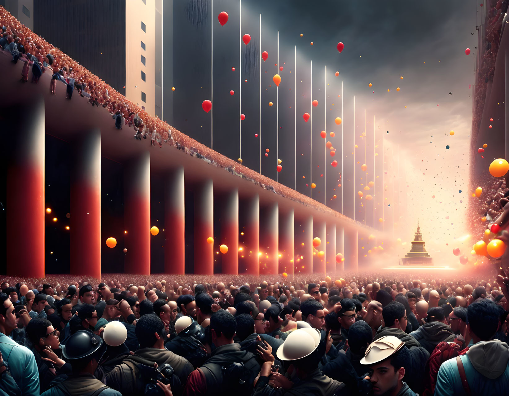 Crowd in surreal space with towering pillars and floating balloons