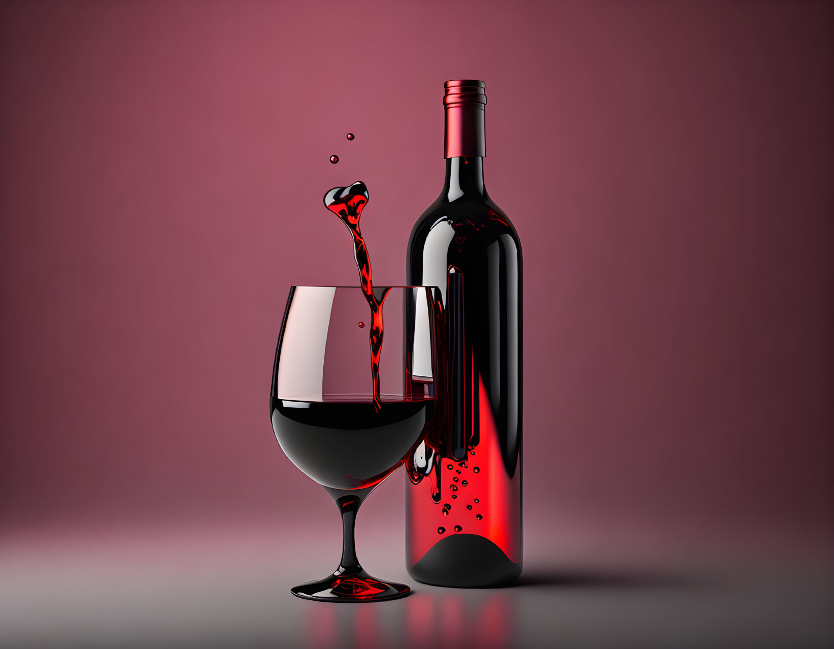 Red Wine Bottle and Glass with Artistic Splash on Pink Background