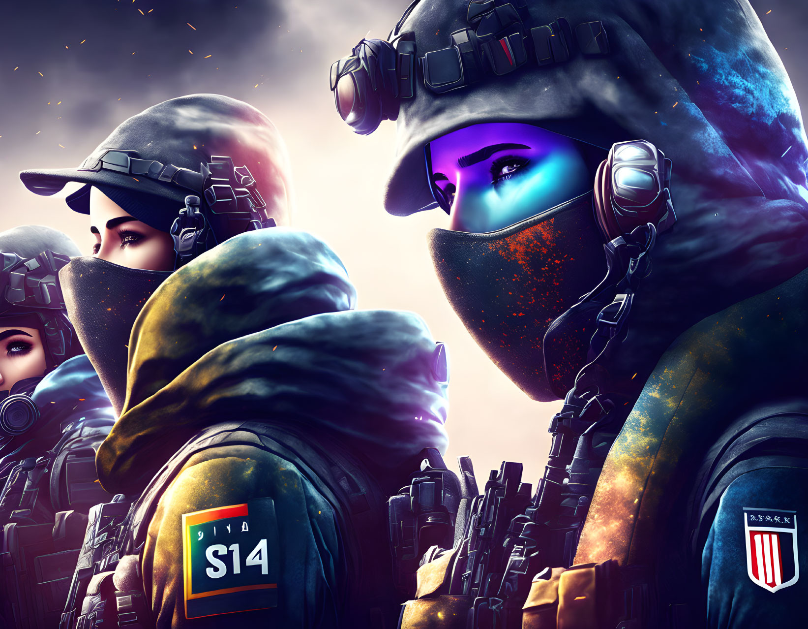 Futuristic soldiers in combat gear with glowing purple eyes against dramatic sky