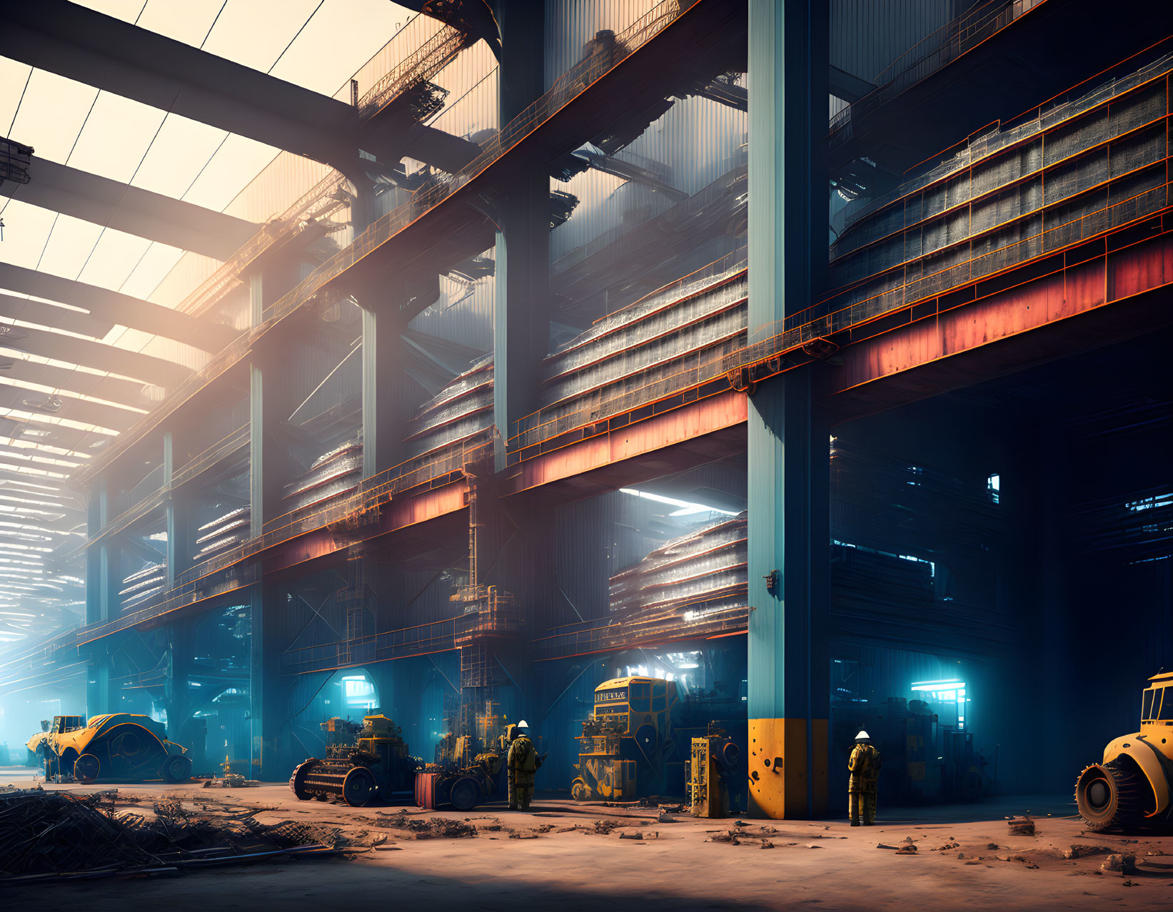 Futuristic industrial hangar with large mechs in blue and orange lighting