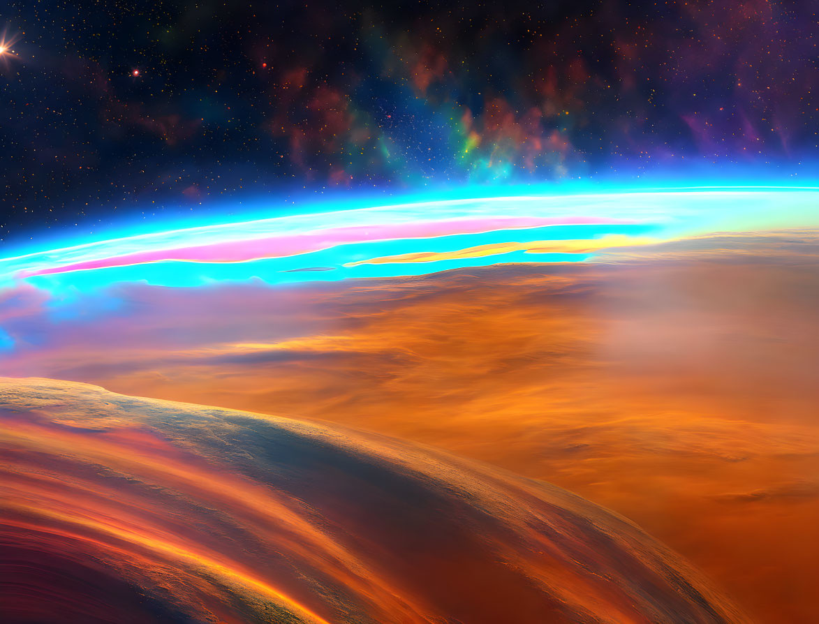 Colorful Space View of Orange Planet Surface and Stars