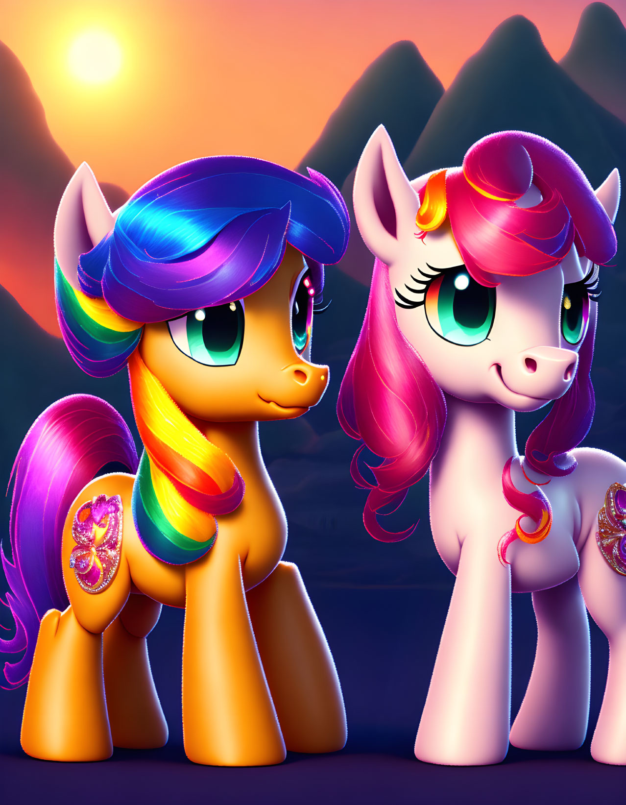 Colorful animated ponies against purple mountains at sunset