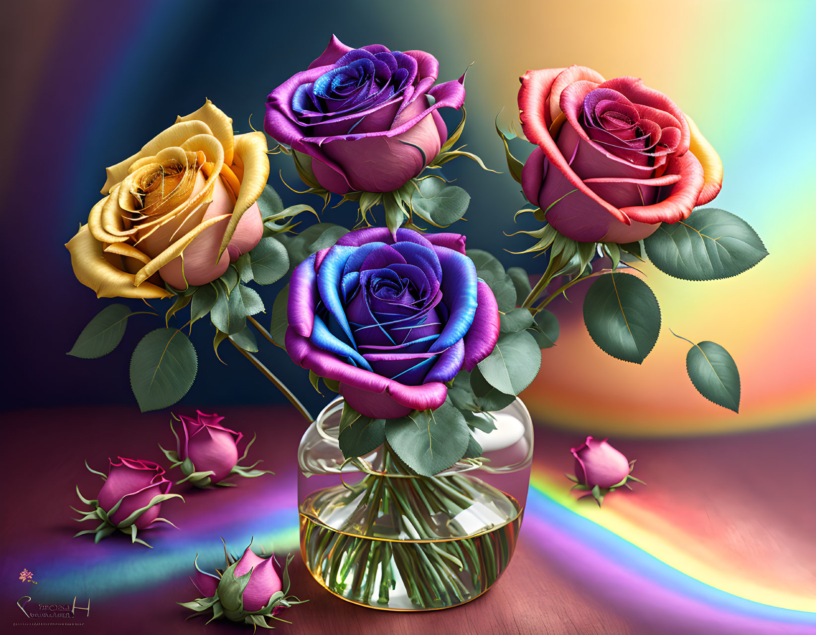 Multicolored roses in clear vase on rainbow background