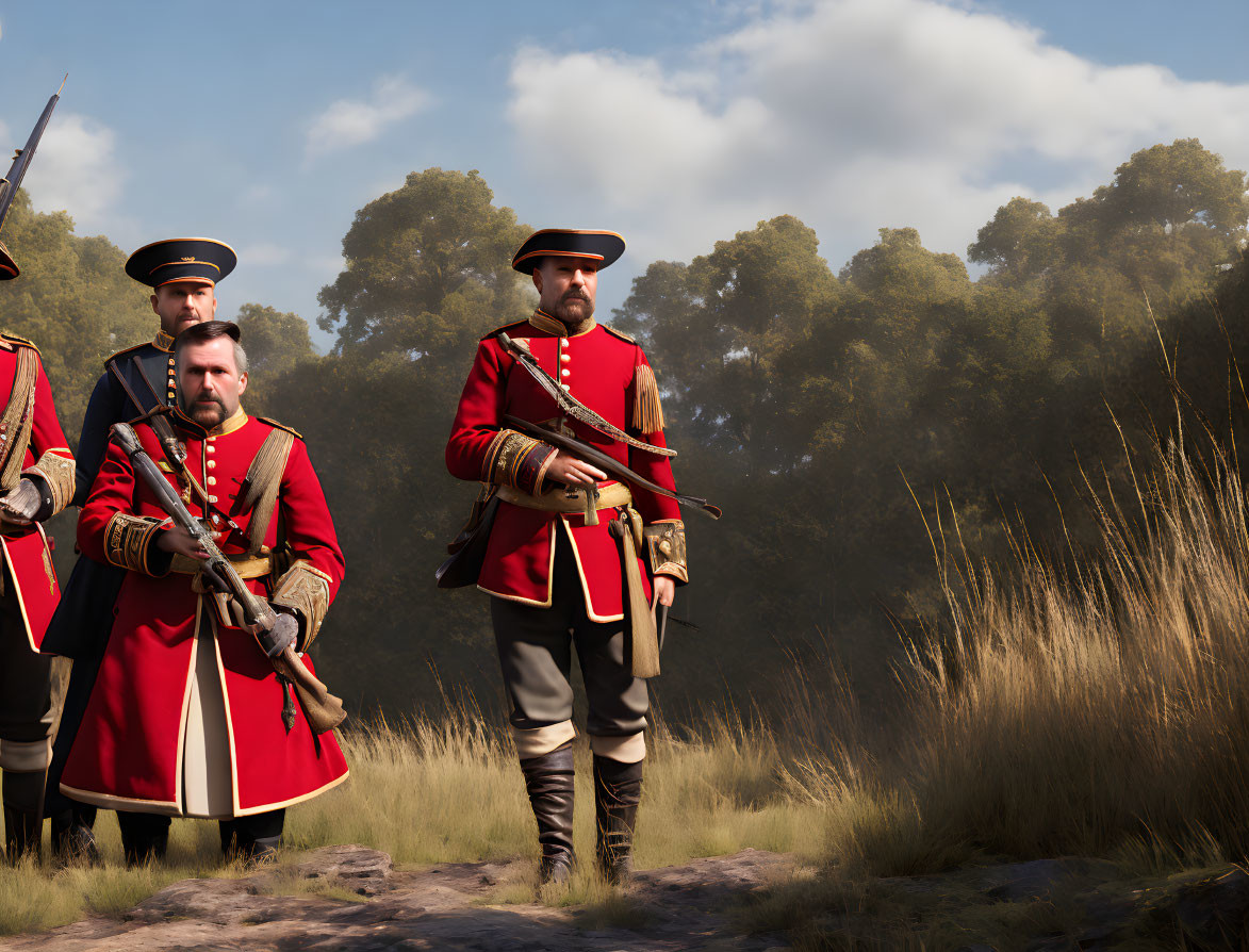 Red-jacketed soldiers in black hats in natural setting.