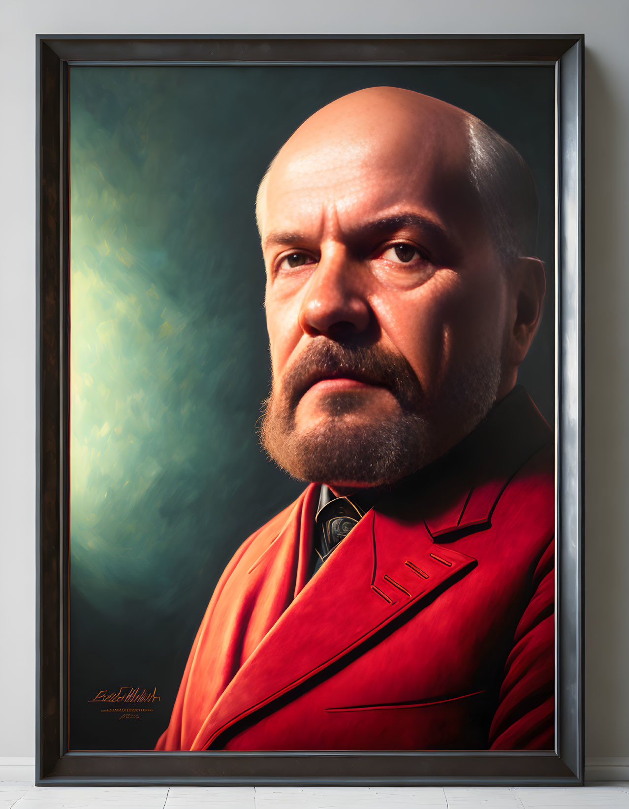 Portrait of stern character in red suit on abstract green background