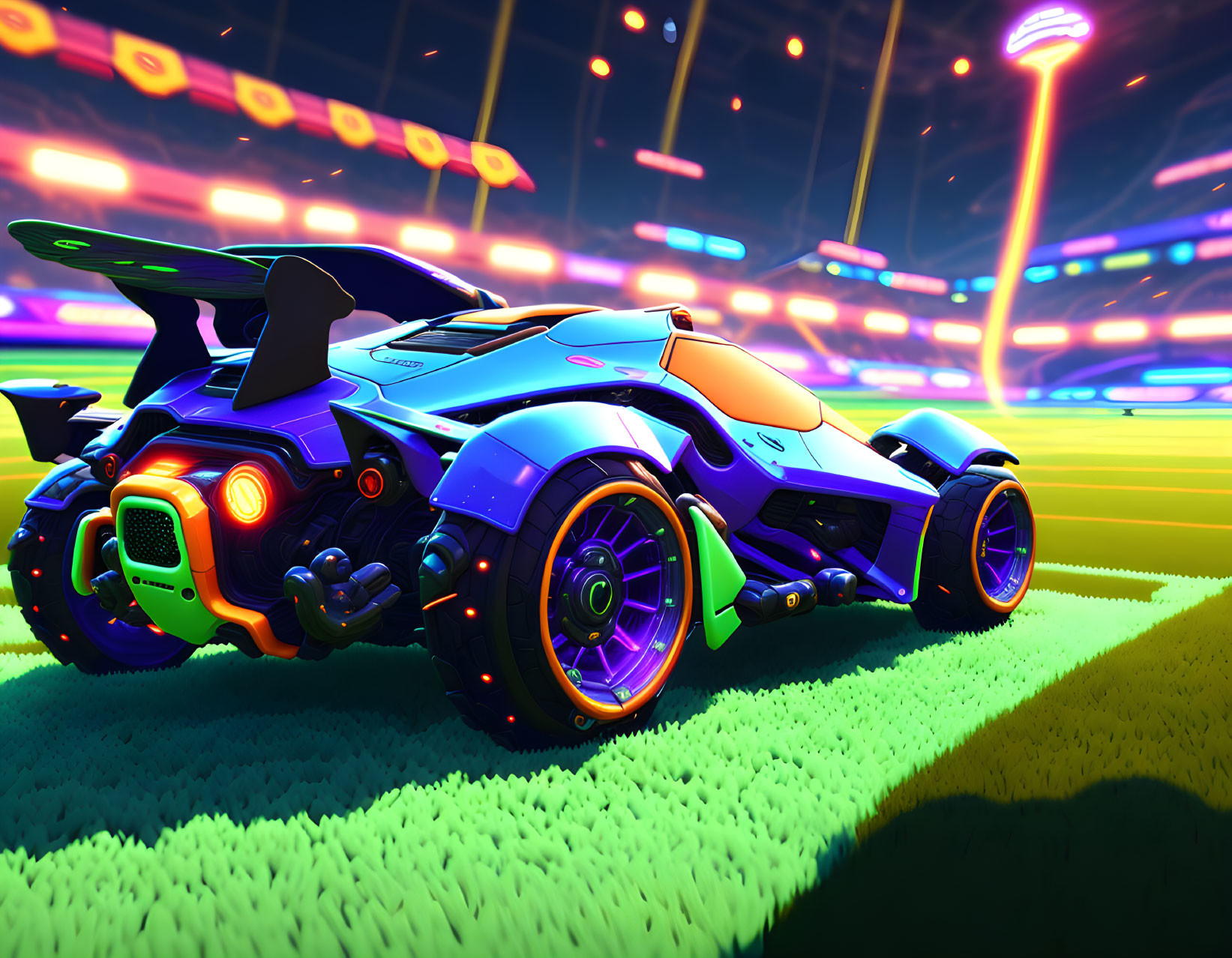 Futuristic car with neon accents on glowing track in vibrant stadium.