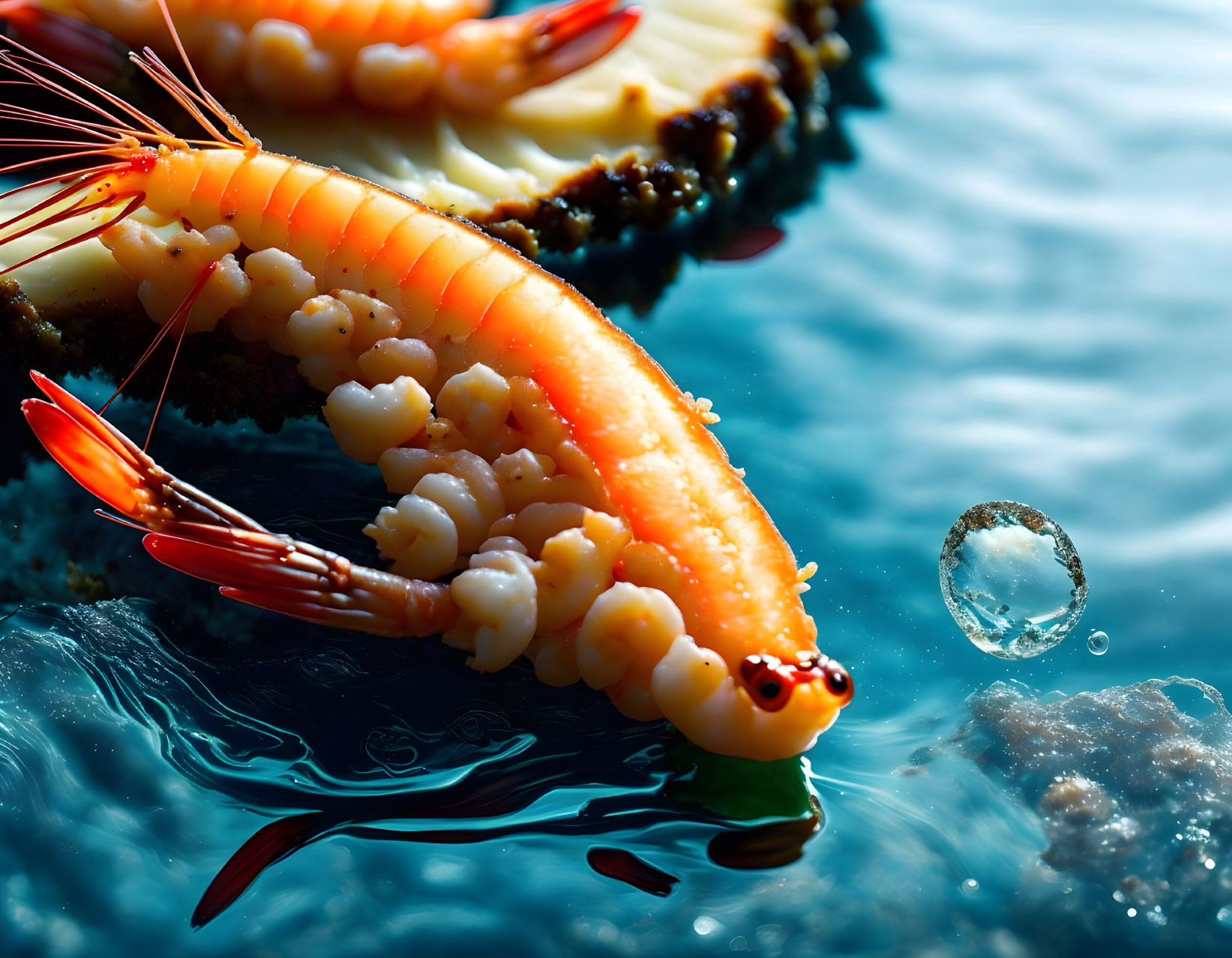 Colorful shrimp on sushi roll with water droplet on blue aquatic background