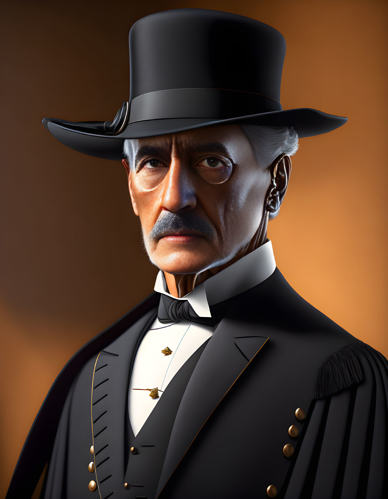 Victorian era gentleman in black suit with high collar, top hat, and groomed mustache