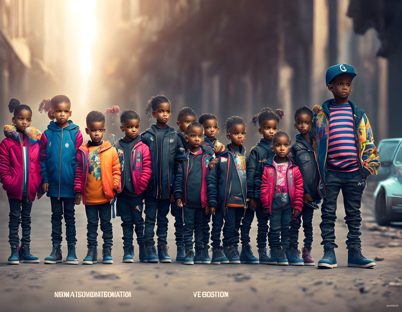 Children standing in row on street, backlit by sunlight, central child in focus with cap and jacket