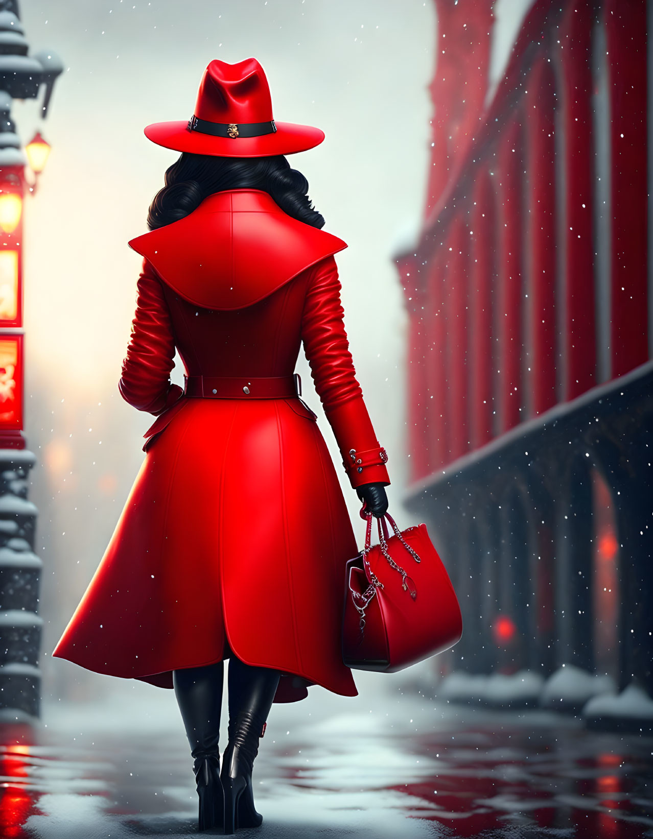 Fashionable Woman in Red Coat and Hat Walking Snowy Street