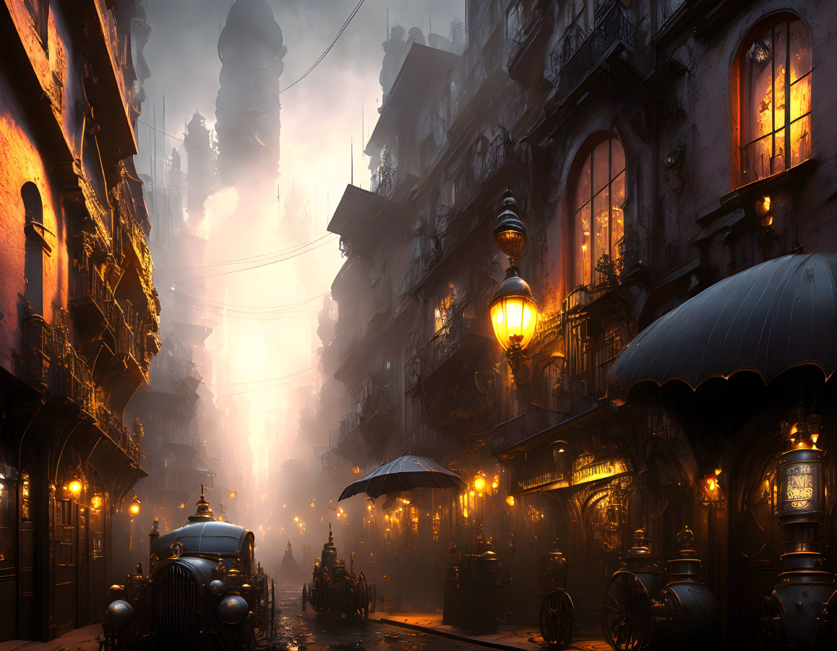 Vintage cars, street lamps, and towering buildings in a fog-lit urban scene