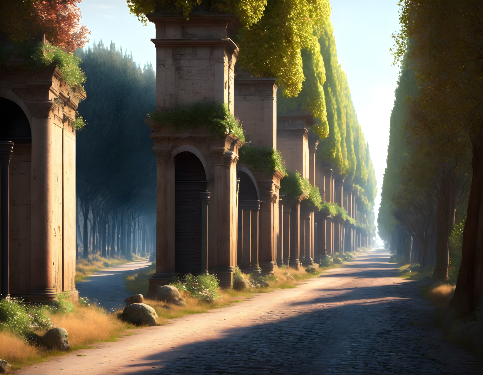 Tranquil sunlight through tree-lined path with stone arches