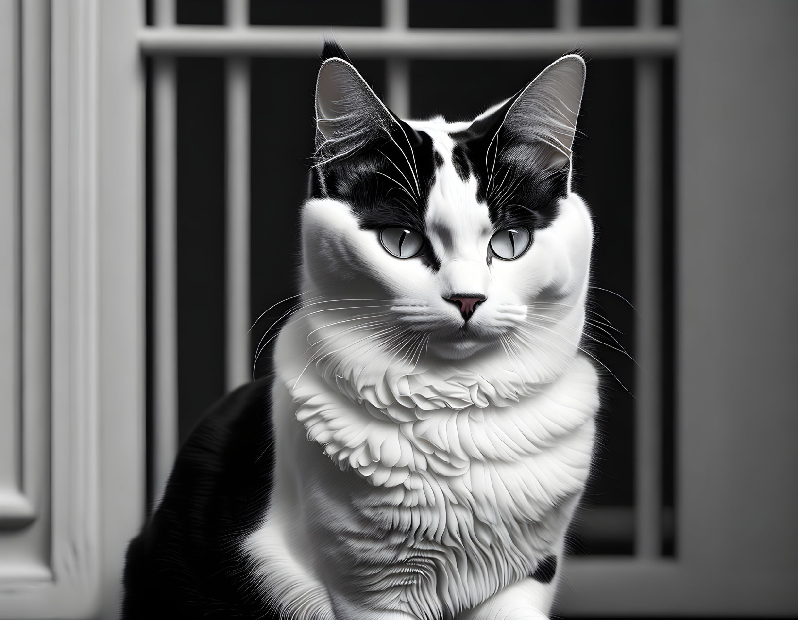 Distinctive black and white cat with unique facial markings by a window