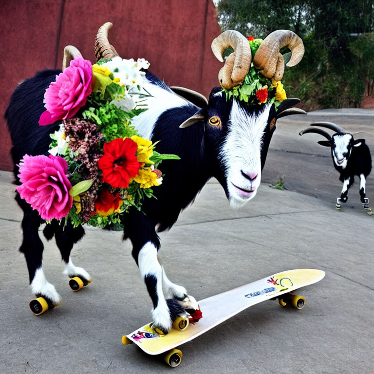 Goat with flowers on back skateboarding, second goat on dirt road