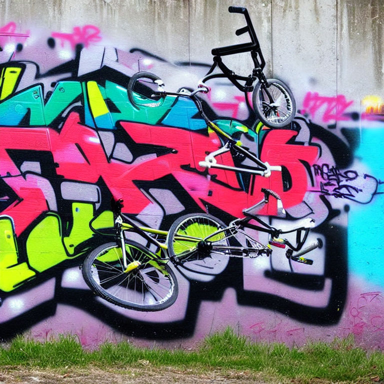 Colorful graffiti art decorates concrete wall next to BMX bike