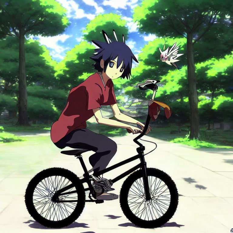 Blue-haired young male rides black bike in sunny park with flying white creature